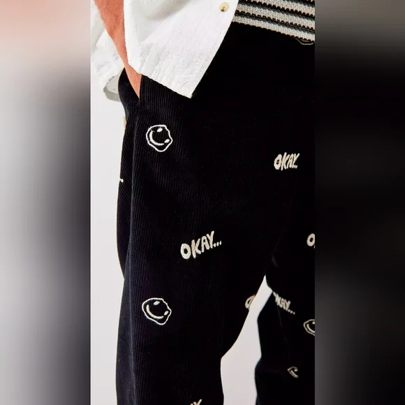 UO Smiley Faces Embroidered Corduroy Black Pants Unisex Size Small NWOT - Picture 4 of 12